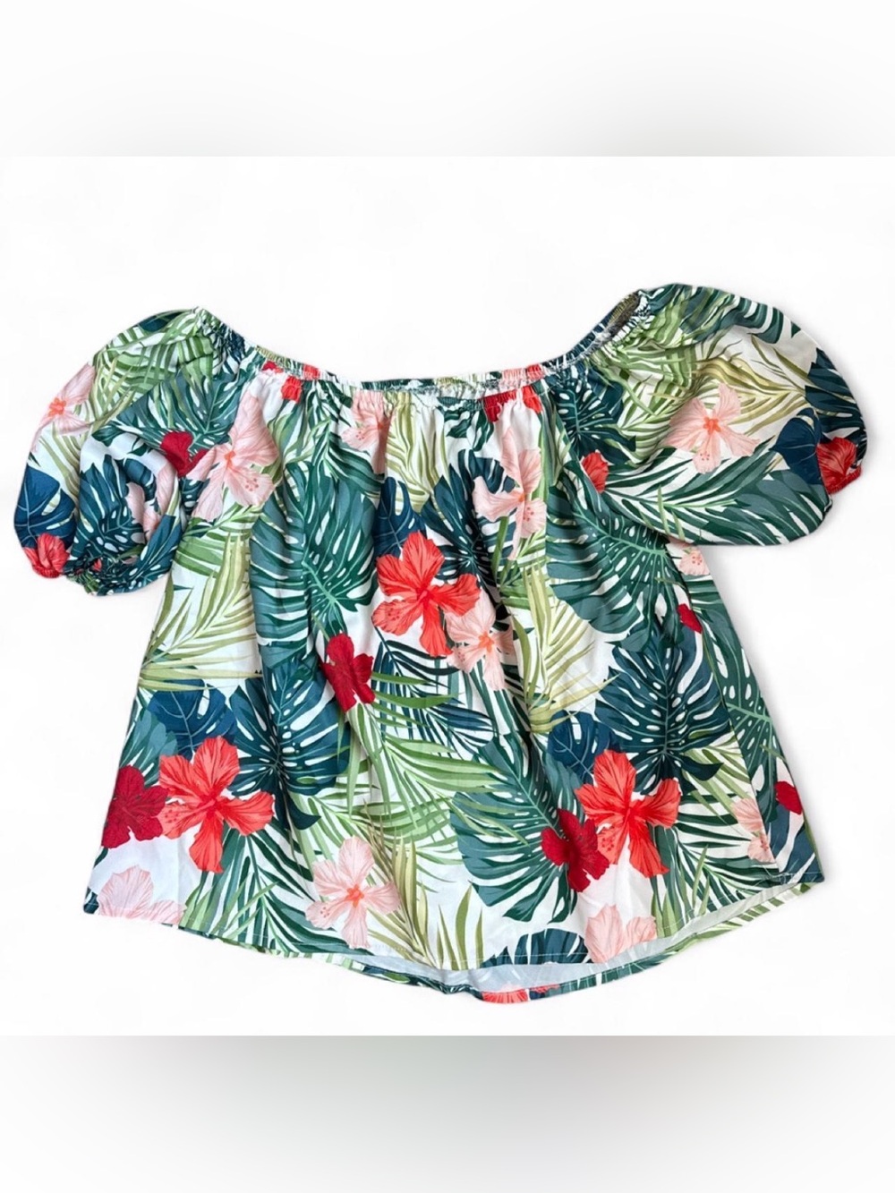 Tropical Off-Shoulder Floral Top - Green, orange, white
